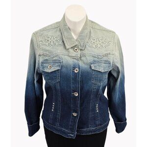 Reba Womens XL Ombre Denim Jacket With Embroidered Scroll Design Stud Accents